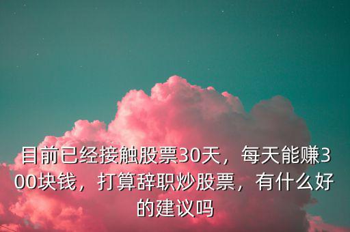 目前已經接觸股票30天，每天能賺300塊錢，打算辭職炒股票，有什么好的建議嗎