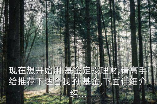 現(xiàn)在想開始用 基金定投理財,請高手給推薦下適合我的 基金,下面詳細(xì)介紹...