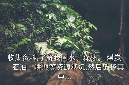 收集資料,了解我國(guó)水、森林、 煤炭、石油、耕地等資源狀況,然后選擇其中...